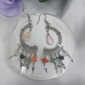 Long Dangle Silver Tone Earrings Boho Half Moon Colorful Beaded Teardrop